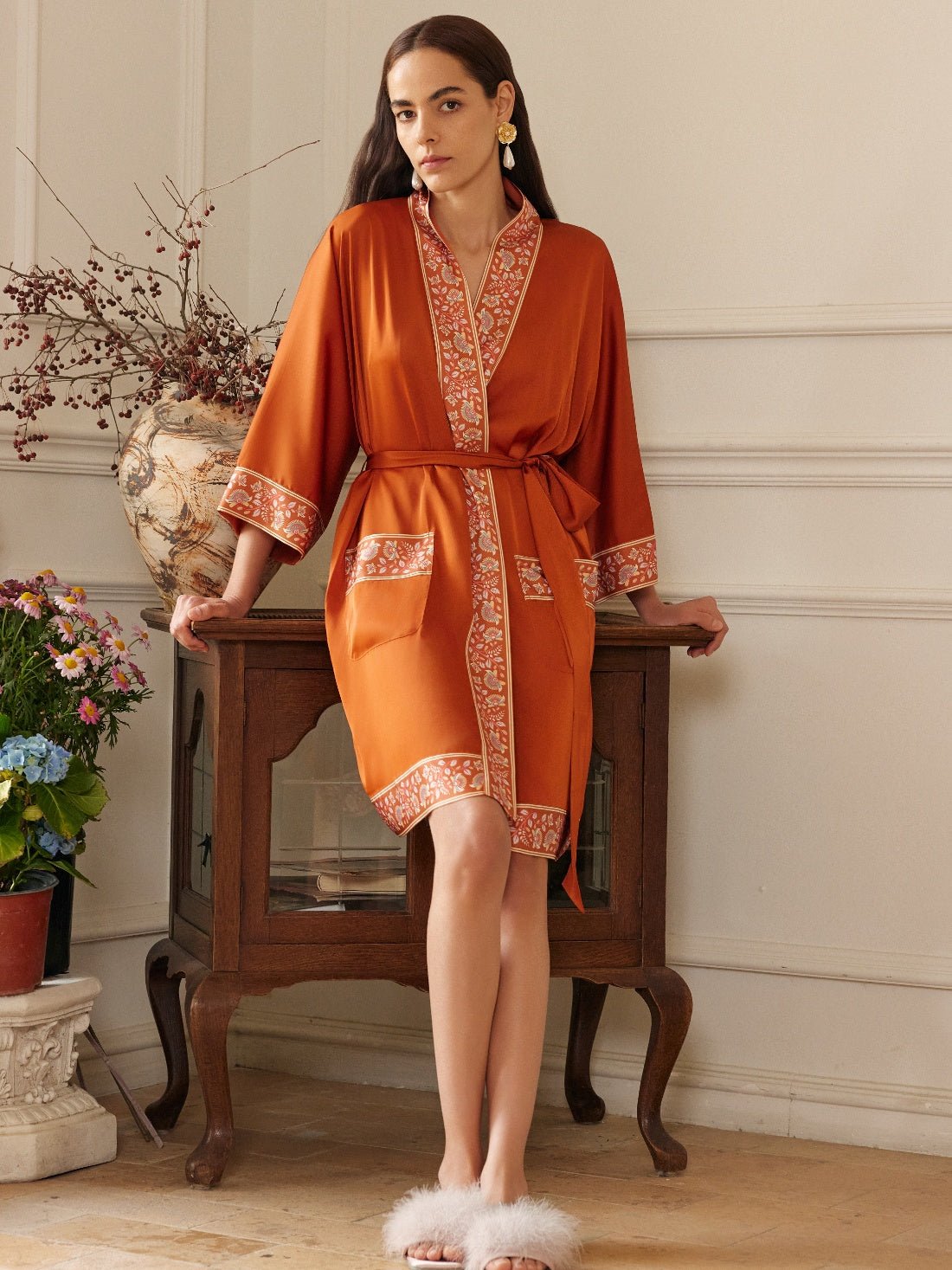 Luxuriously Orange Embellished Flower Short Robe with Pockets | Daily Health & Beauty