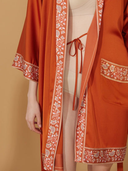 Luxuriously Orange Embellished Flower Short Robe with Pockets | Daily Health & Beauty