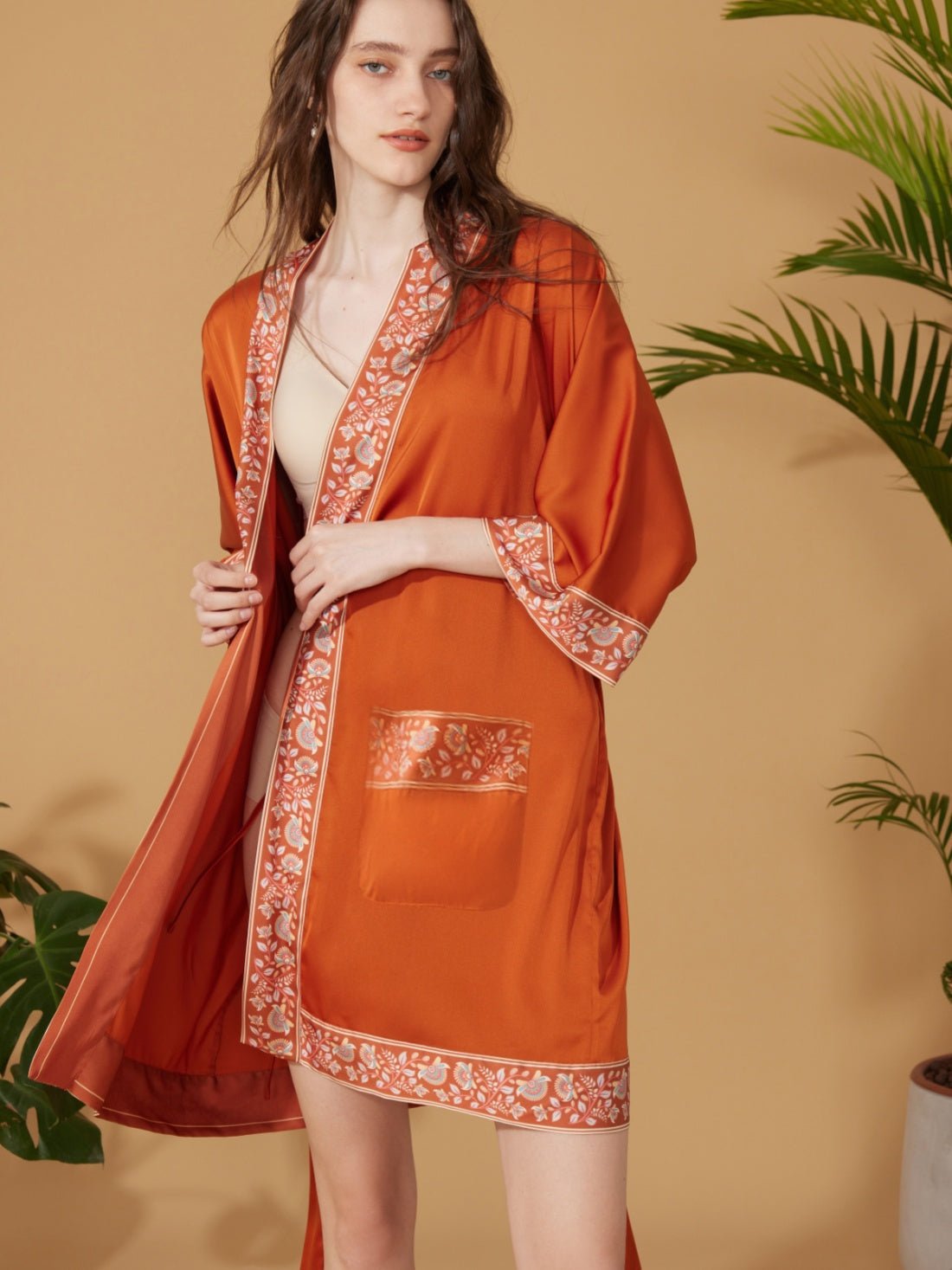 Luxuriously Orange Embellished Flower Short Robe with Pockets | Daily Health & Beauty