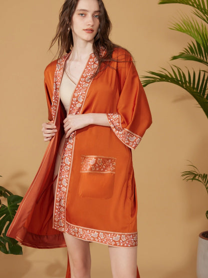 Luxuriously Orange Embellished Flower Short Robe with Pockets | Daily Health & Beauty