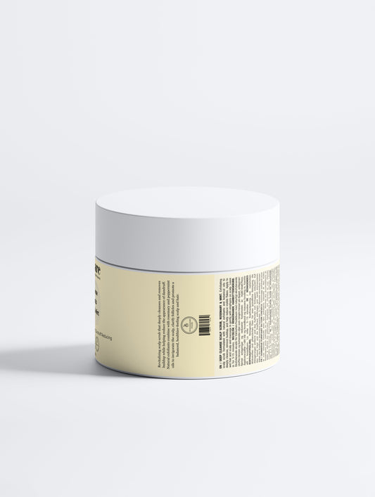 Deep Cleanse Scalp Scrub ingredients label — kaolin clay, sour cherry shell, organic shea butter & keratin
