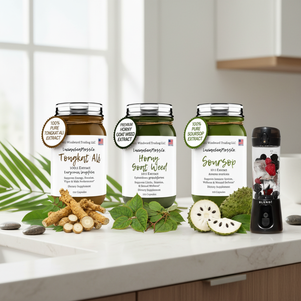 Men's Stamina Stack Sea Moss Gel Bundle featuring Tongkat Ali, Horny Goat Weed, and Soursop supplement capsule jars with a BLENDi Pro+ Portable Blender on a wellness counter — Daily Health & Beauty.