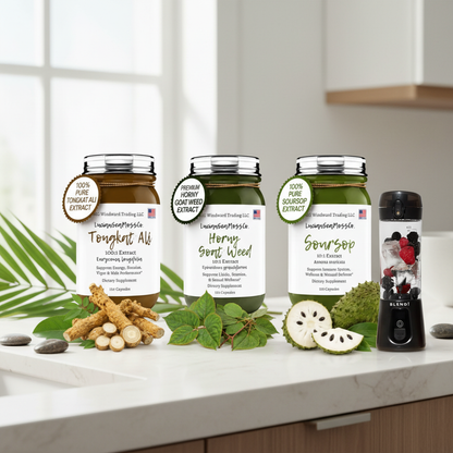 Men's Stamina Stack Sea Moss Gel Bundle featuring Tongkat Ali, Horny Goat Weed, and Soursop supplement capsule jars with a BLENDi Pro+ Portable Blender on a wellness counter — Daily Health & Beauty.