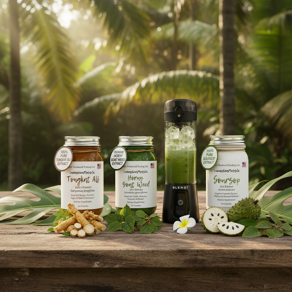 Men's Stamina Stack Sea Moss Gel Bundle featuring Tongkat Ali, Horny Goat Weed, and Soursop supplement capsule jars and BLENDi Pro+ Portable Blender on an outdoor rustic table with tropical botanicals — Daily Health & Beauty.