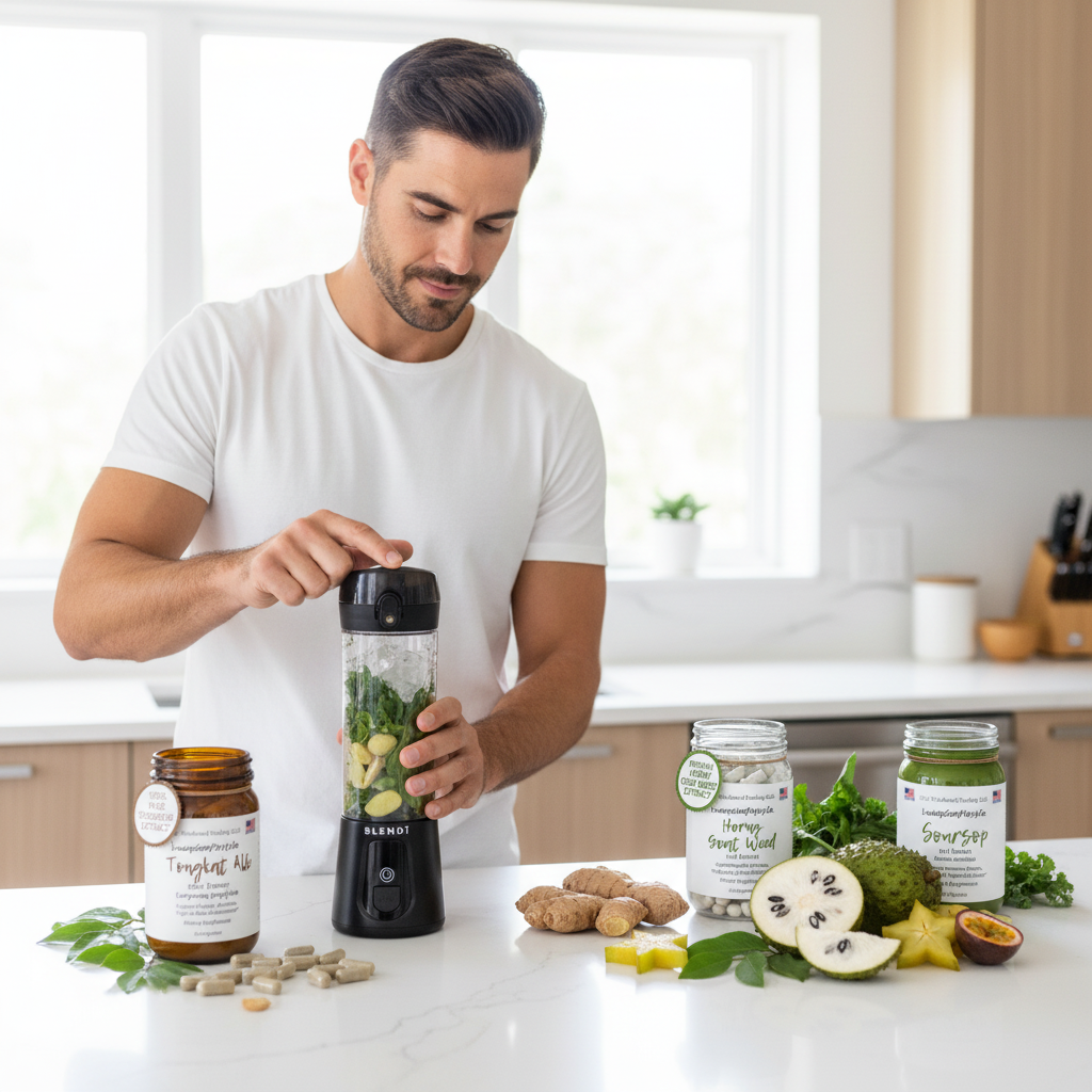 Men's Stamina Stack Sea Moss Gel Bundle with Tongkat Ali, Horny Goat Weed, and Soursop supplement capsules and BLENDi Pro+ Portable Blender — men's vitality and stamina wellness stack — Daily Health & Beauty.