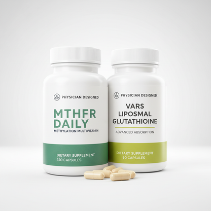 MTHFR Daily + VARS® Liposomal Glutathione by Physician Designed — methylation multivitamin and liposomal glutathione capsules bundle, made in USA