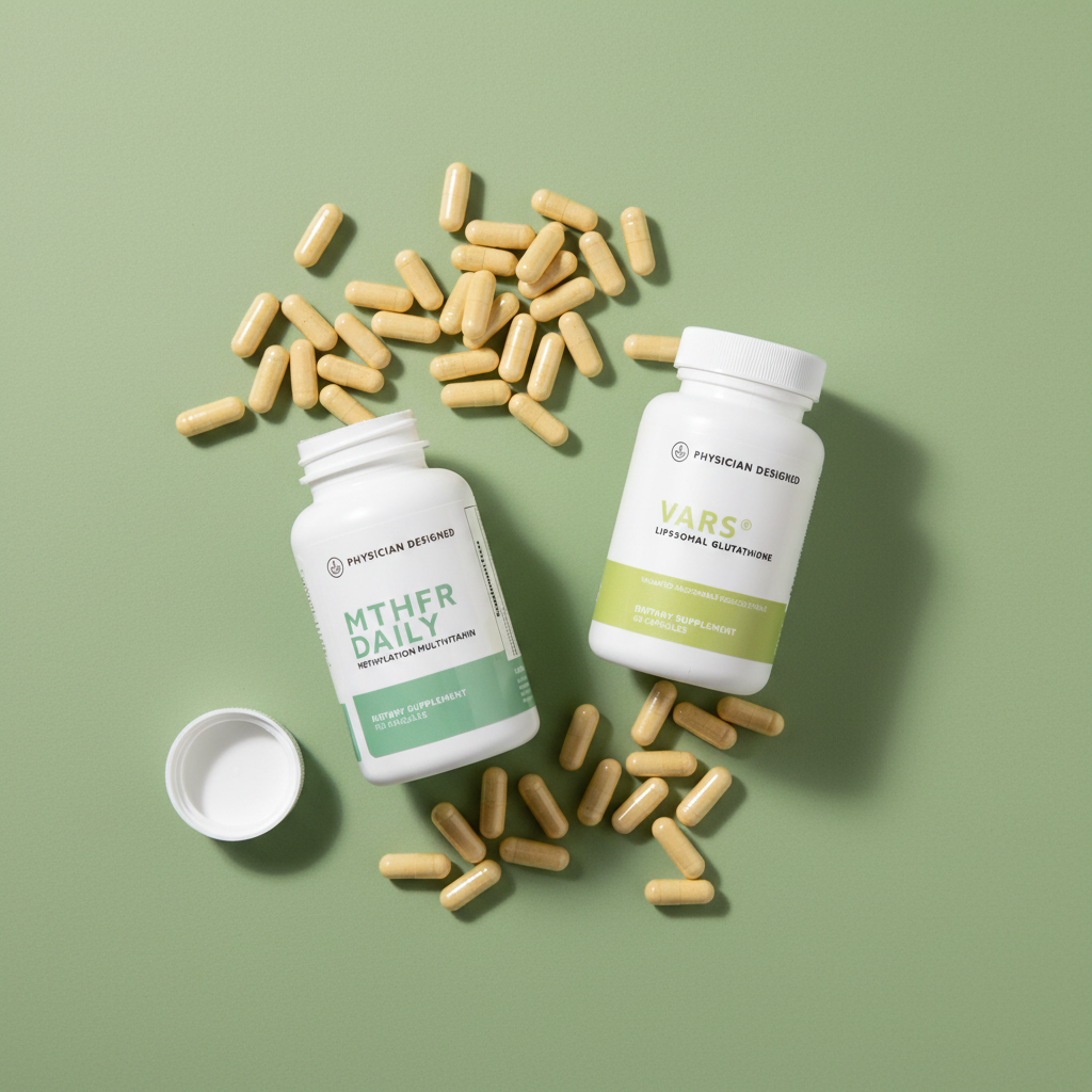 MTHFR Daily and VARS® Liposomal Glutathione supplement bundle flat lay — Physician Designed methylation multivitamin and liposomal glutathione with capsules