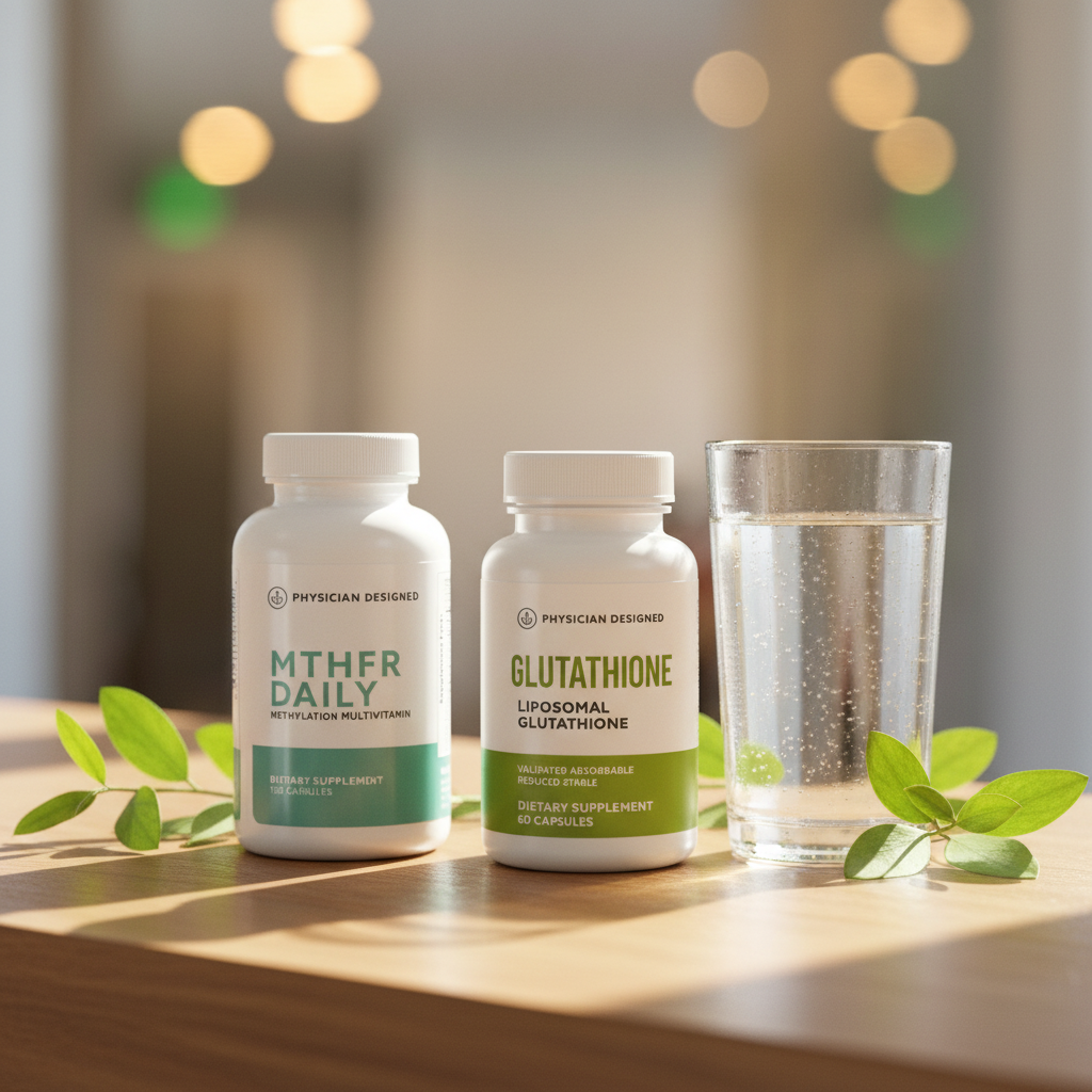 Physician Designed MTHFR Daily and VARS® Glutathione bundle lifestyle photo — daily methylation and detox supplement stack with water glass and greenery