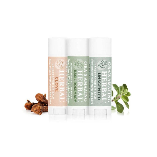 Natural Lip Balm 3 Pack, Clove, Basil Rosemary, Unscented