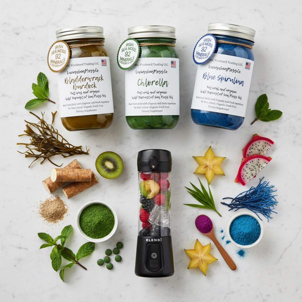 Organic Ocean & Earth Superfood Sea Moss Gel Bundle flat lay featuring Bladderwrack Burdock, Chlorella, and Blue Spirulina sea moss gel jars and BLENDi Pro+ Portable Blender with bladderwrack seaweed, burdock root, chlorella powder, and blue spirulina on a marble surface — Daily Health & Beauty.
