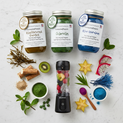Organic Ocean & Earth Superfood Sea Moss Gel Bundle flat lay featuring Bladderwrack Burdock, Chlorella, and Blue Spirulina sea moss gel jars and BLENDi Pro+ Portable Blender with bladderwrack seaweed, burdock root, chlorella powder, and blue spirulina on a marble surface — Daily Health & Beauty.