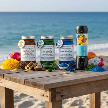 Organic Ocean & Earth Superfood Sea Moss Gel Bundle with Bladderwrack Burdock, Chlorella, and Blue Spirulina sea moss gel jars and BLENDi Pro+ Portable Blender on an outdoor rustic table with ocean wellness accents — Daily Health & Beauty.
