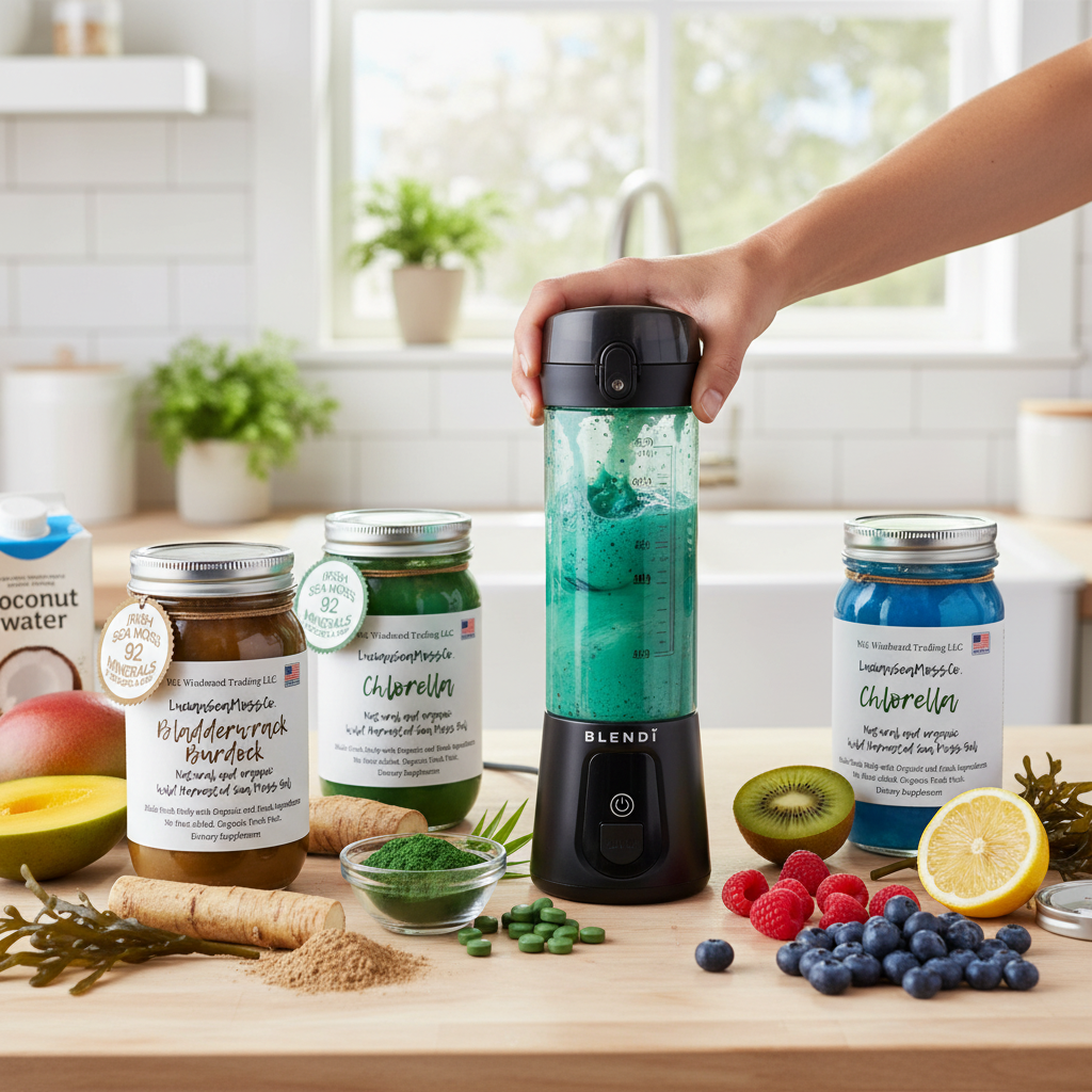 Making an ocean superfood smoothie with Bladderwrack Burdock, Chlorella, and Blue Spirulina Sea Moss Gel using a BLENDi Pro+ Portable Blender with coconut water, tropical fruit, and blueberries — Daily Health & Beauty.