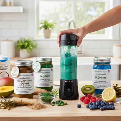 Making an ocean superfood smoothie with Bladderwrack Burdock, Chlorella, and Blue Spirulina Sea Moss Gel using a BLENDi Pro+ Portable Blender with coconut water, tropical fruit, and blueberries — Daily Health & Beauty.