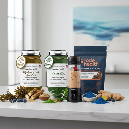 Organic Ocean & Earth Superfood Sea Moss Gel Bundle with Bladderwrack Burdock, Chlorella, and Blue Spirulina sea moss gel jars, Goode Health Superfood Shake, and BLENDi Pro+ Portable Blender on a wellness counter — Daily Health & Beauty.