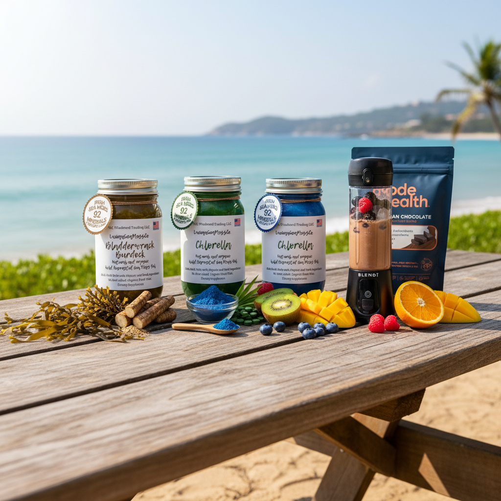 Organic Ocean & Earth Superfood Sea Moss Gel Bundle with Bladderwrack Burdock, Chlorella, and Blue Spirulina sea moss gel jars, Goode Health Superfood Shake, and BLENDi Pro+ Portable Blender on an outdoor rustic table with ocean wellness accents — Daily Health & Beauty.