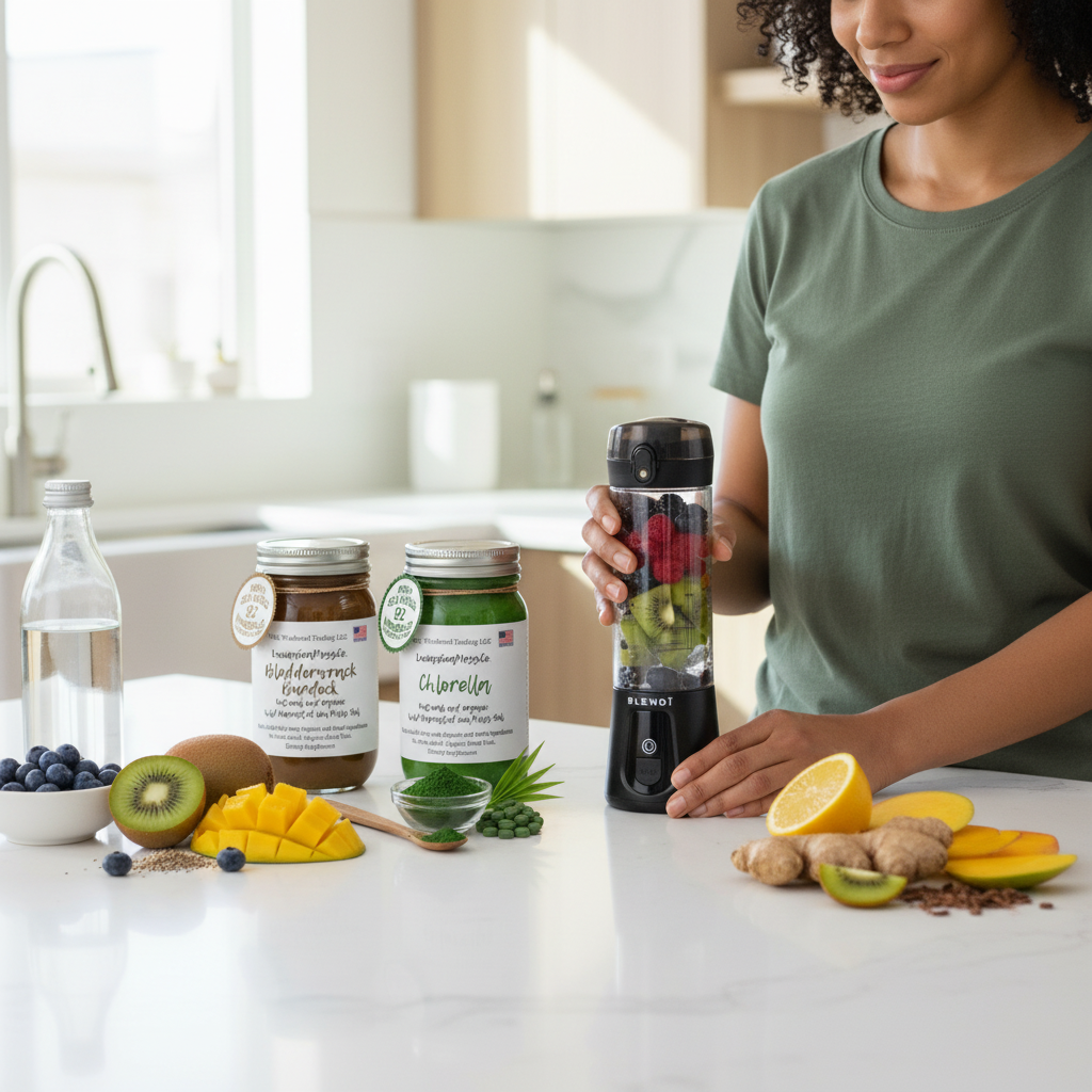 Making an ocean superfood smoothie with Bladderwrack Burdock, Chlorella, and Blue Spirulina Sea Moss Gel and Goode Health Superfood Shake using a BLENDi Pro+ Portable Blender with coconut water, tropical fruit, and blueberries — Daily Health & Beauty.
