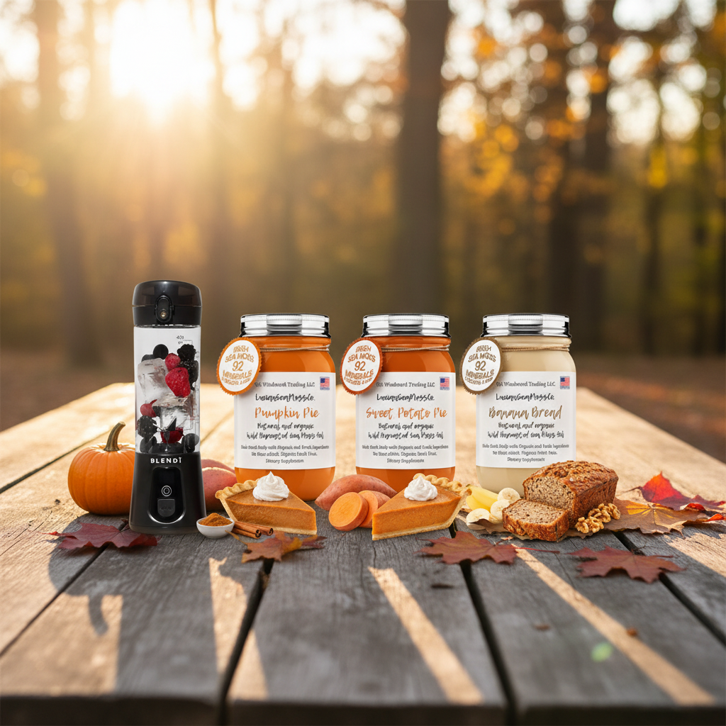 Organic Harvest Bakery Sea Moss Gel Bundle with BLENDi Pro+ Portable Blender on an outdoor rustic wooden table with autumn harvest accents — Pumpkin Pie Sweet Potato Pie Banana Bread — Daily Health & Beauty