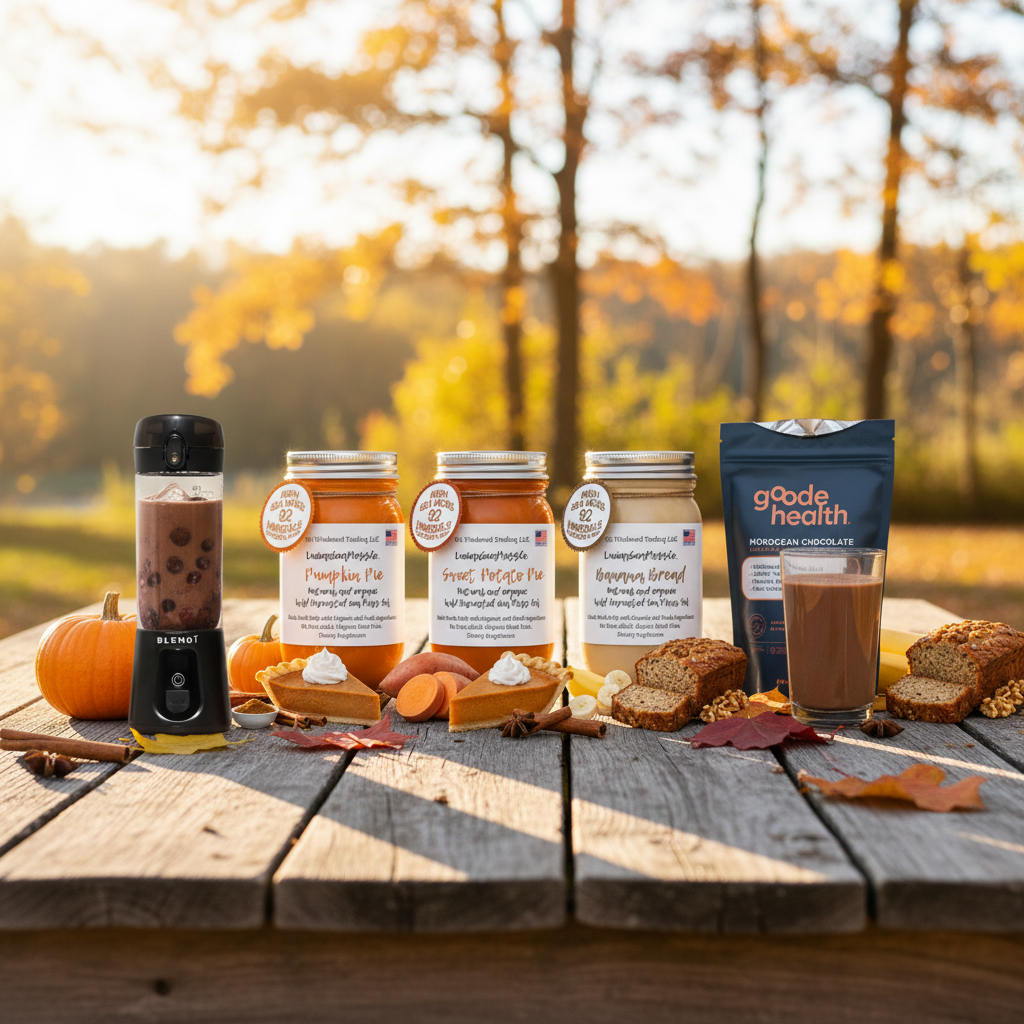 Organic Harvest Bakery Sea Moss Gel Bundle with Goode Health Moroccan Chocolate Superfood Shake and BLENDi Pro+ Portable Blender on an outdoor rustic wooden table with autumn harvest accents — Pumpkin Pie Sweet Potato Pie Banana Bread — Daily Health & Beauty