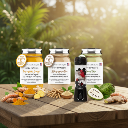 Organic Wellness Warrior Sea Moss Gel Bundle Turmeric Ginger Ashwagandha Soursop with BLENDi Pro+ Ice Crushing Portable Blender on a wooden table outdoors — Daily Health & Beauty