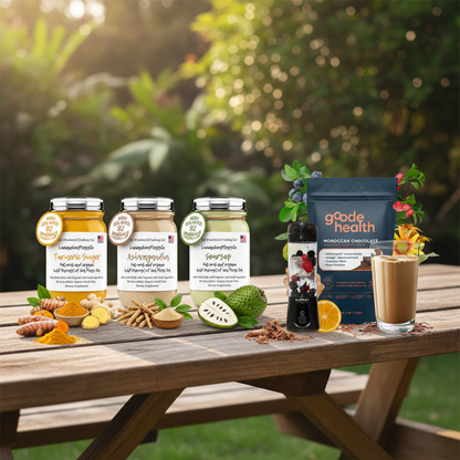Organic Wellness Warrior Sea Moss Gel Bundle with Goode Health Superfood Shake and BLENDi Pro+ Ice Crushing Portable Blender on a wooden table outdoors — Daily Health & Beauty