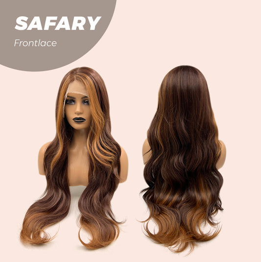 JBEXTENSION 30 Inches Long Curly Brown With Blonde Highlight Side Part Frontlace Glueless Wig SAFARY
