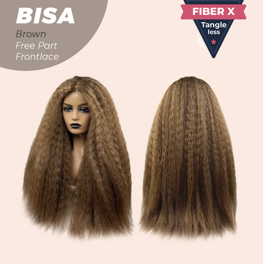 JBEXTENSION 28 Inches Brown Kinky Curly Fiber X, Tangle Less Free Part Frontlae Glueless Wig BISA BROWN