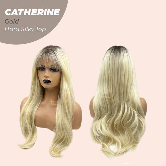 JBEXTENSION 25 Inches Scalpiana Gold 3.5X4 Hard Silky Top Natural Scalp Effect Wig With Bangs CATHERINE GOLD