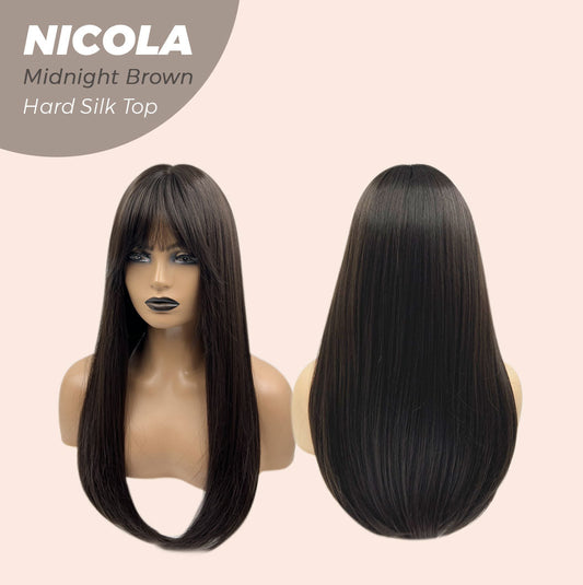 JBEXTENSION 22 Inches  Scalpiana Midnight Brown( Black/Brown) 3.5X4 Hard Silky Top Natural Scalp Effect Wig NICOLA SILK TOP