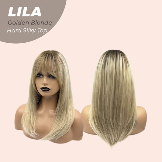 JBEXTENSION 20 Inches Scalpiana Blonde with Dark Root Wolf Cut 3.5X4 Hard Silky Top Natural Scalp Effect Wig With Bangs LILA GOLDEN BLONDE