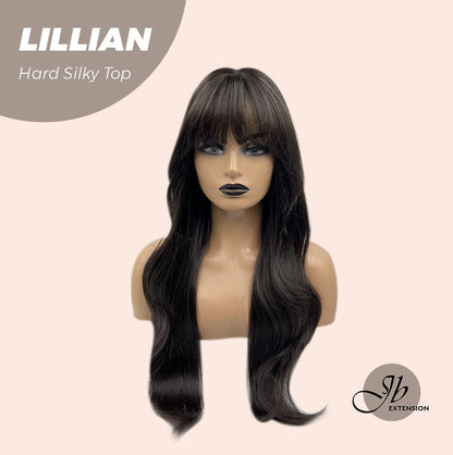 JBEXTENSION 26 Inches Scalpiana Tea Black Darkest Brown Curly 3.5X4 Hard Silky Top Natural Scalp Effect Wig LILLIAN