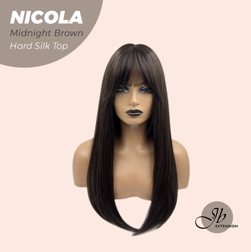 JBEXTENSION 22 Inches  Scalpiana Midnight Brown( Black/Brown) 3.5X4 Hard Silky Top Natural Scalp Effect Wig NICOLA SILK TOP