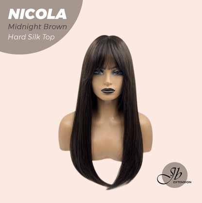 JBEXTENSION 22 Inches  Scalpiana Midnight Brown( Black/Brown) 3.5X4 Hard Silky Top Natural Scalp Effect Wig NICOLA SILK TOP