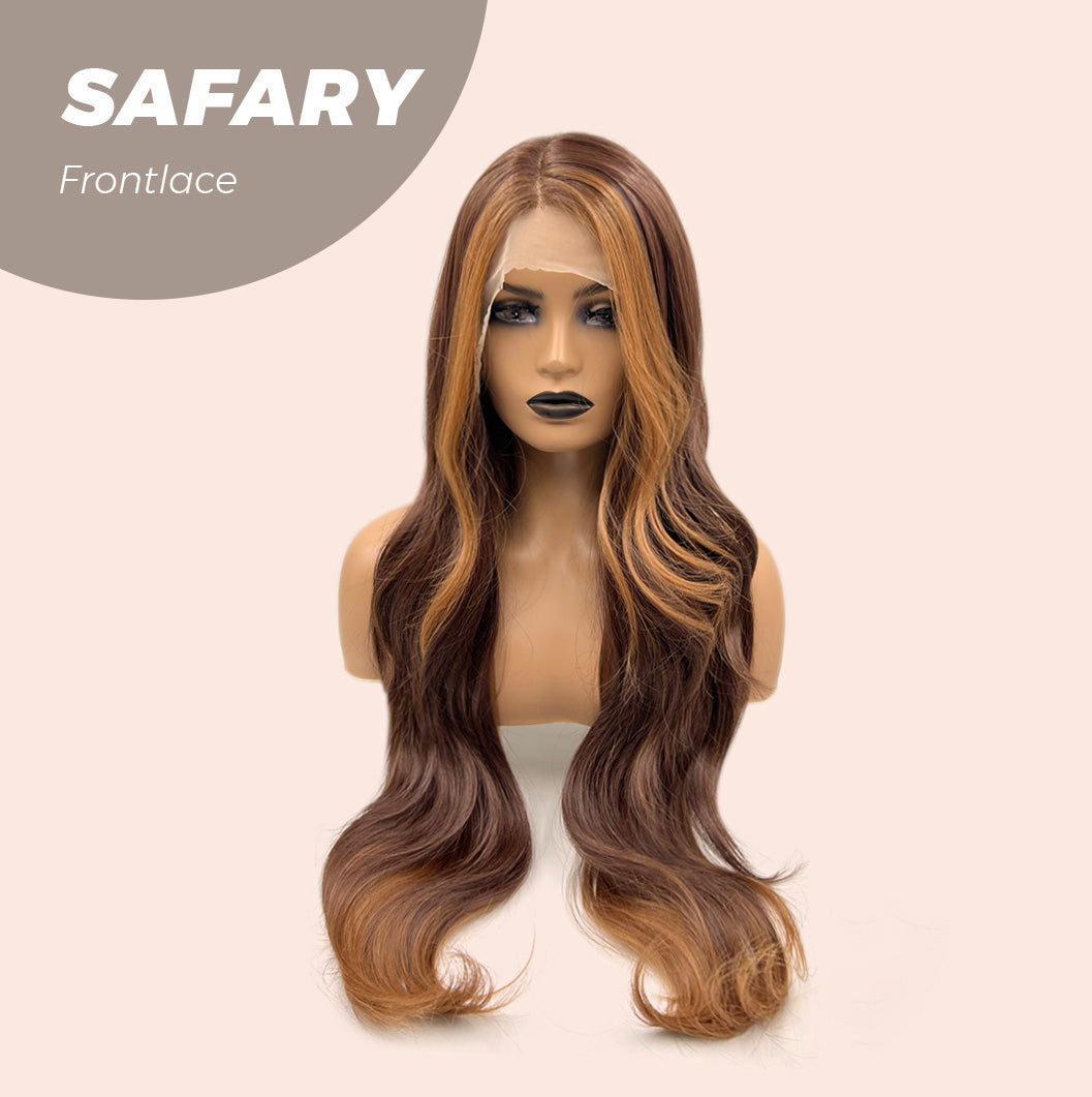 JBEXTENSION 30 Inches Long Curly Brown With Blonde Highlight Side Part Frontlace Glueless Wig SAFARY