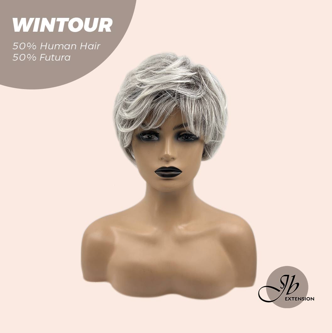 JBEXTENSION Pixie Cut Silver Half Real Human Hair Half Futura Fiber Fashion Women Wig WINTOUR