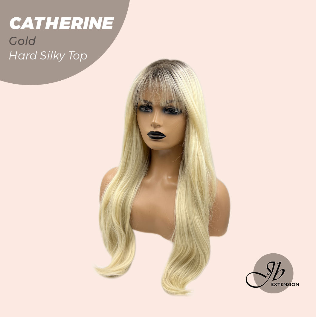 JBEXTENSION 25 Inches Scalpiana Gold 3.5X4 Hard Silky Top Natural Scalp Effect Wig With Bangs CATHERINE GOLD