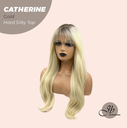JBEXTENSION 25 Inches Scalpiana Gold 3.5X4 Hard Silky Top Natural Scalp Effect Wig With Bangs CATHERINE GOLD