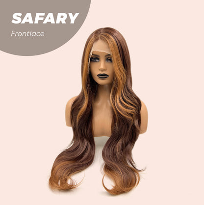 JBEXTENSION 30 Inches Long Curly Brown With Blonde Highlight Side Part Frontlace Glueless Wig SAFARY