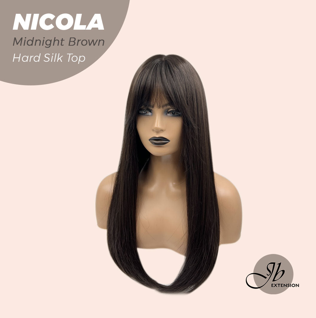 JBEXTENSION 22 Inches  Scalpiana Midnight Brown( Black/Brown) 3.5X4 Hard Silky Top Natural Scalp Effect Wig NICOLA SILK TOP