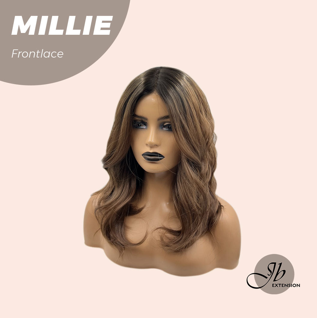 JBEXTENSION 17 Inches Wave Mocha With Dark Root Pre-Cut Frontlace Glueless Wig MILLIE