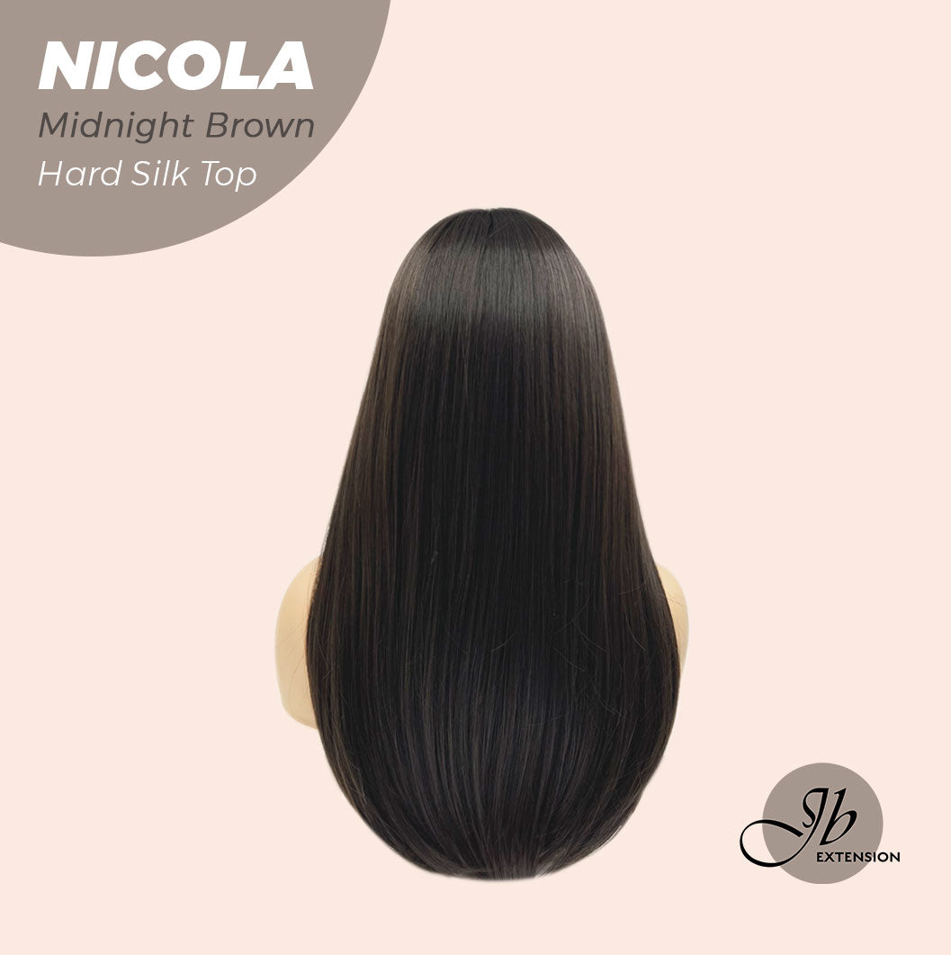 JBEXTENSION 22 Inches  Scalpiana Midnight Brown( Black/Brown) 3.5X4 Hard Silky Top Natural Scalp Effect Wig NICOLA SILK TOP