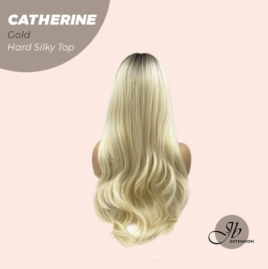 JBEXTENSION 25 Inches Scalpiana Gold 3.5X4 Hard Silky Top Natural Scalp Effect Wig With Bangs CATHERINE GOLD