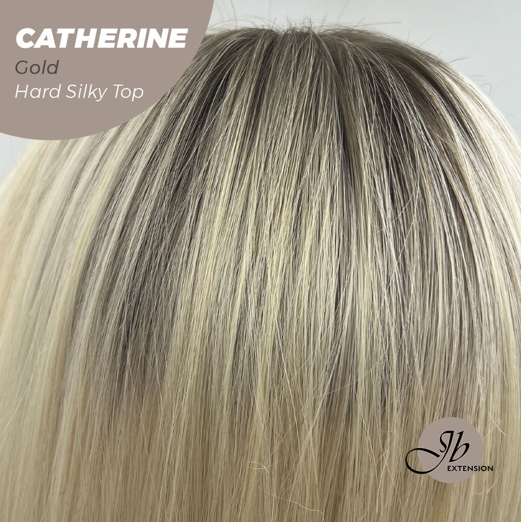 JBEXTENSION 25 Inches Scalpiana Gold 3.5X4 Hard Silky Top Natural Scalp Effect Wig With Bangs CATHERINE GOLD