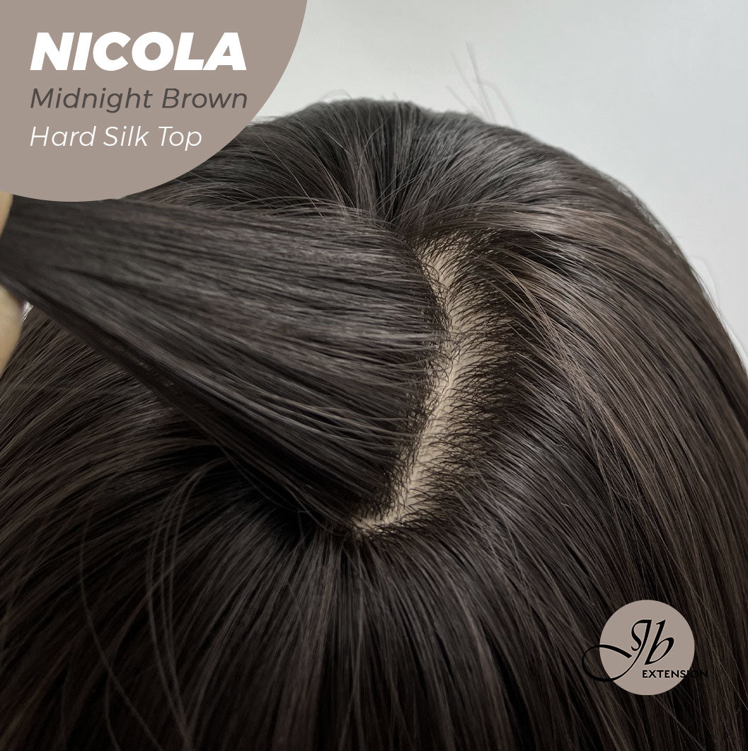 JBEXTENSION 22 Inches  Scalpiana Midnight Brown( Black/Brown) 3.5X4 Hard Silky Top Natural Scalp Effect Wig NICOLA SILK TOP
