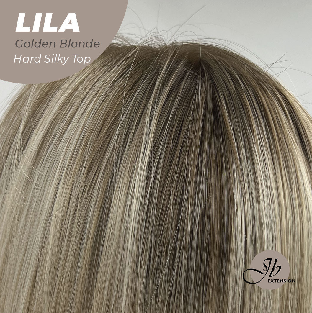JBEXTENSION 20 Inches Scalpiana Blonde with Dark Root Wolf Cut 3.5X4 Hard Silky Top Natural Scalp Effect Wig With Bangs LILA GOLDEN BLONDE