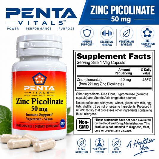 Penta Vitals Zinc Picolinate 50mg – Immune Support | 60 Veg Capsules