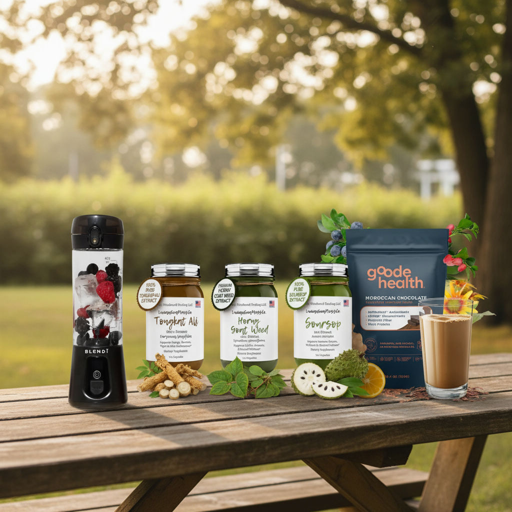 Men's Stamina Stack Bundle on outdoor picnic table — Tongkat Ali, Horny Goat Weed & Soursop supplements, BLENDi Pro+ Blender, and Goode Health Superfood Shake — Daily Health & Beauty