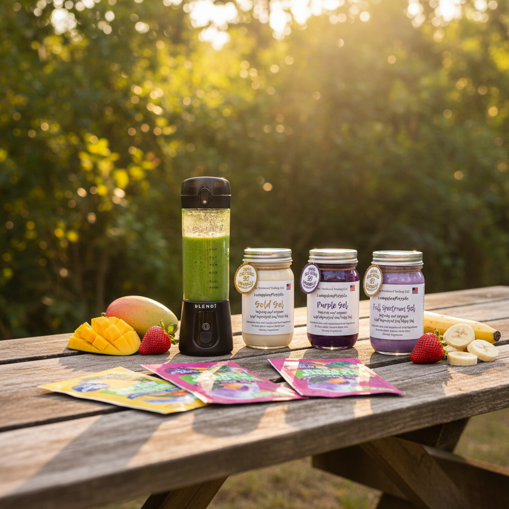 Organic Pure Sea Moss Gel Bundle Gold Purple Full Spectrum with Switchback Greens Smoothie Variety Pack and BLENDi Pro+ Portable Blender on a picnic table outdoors — Daily Health & Beauty