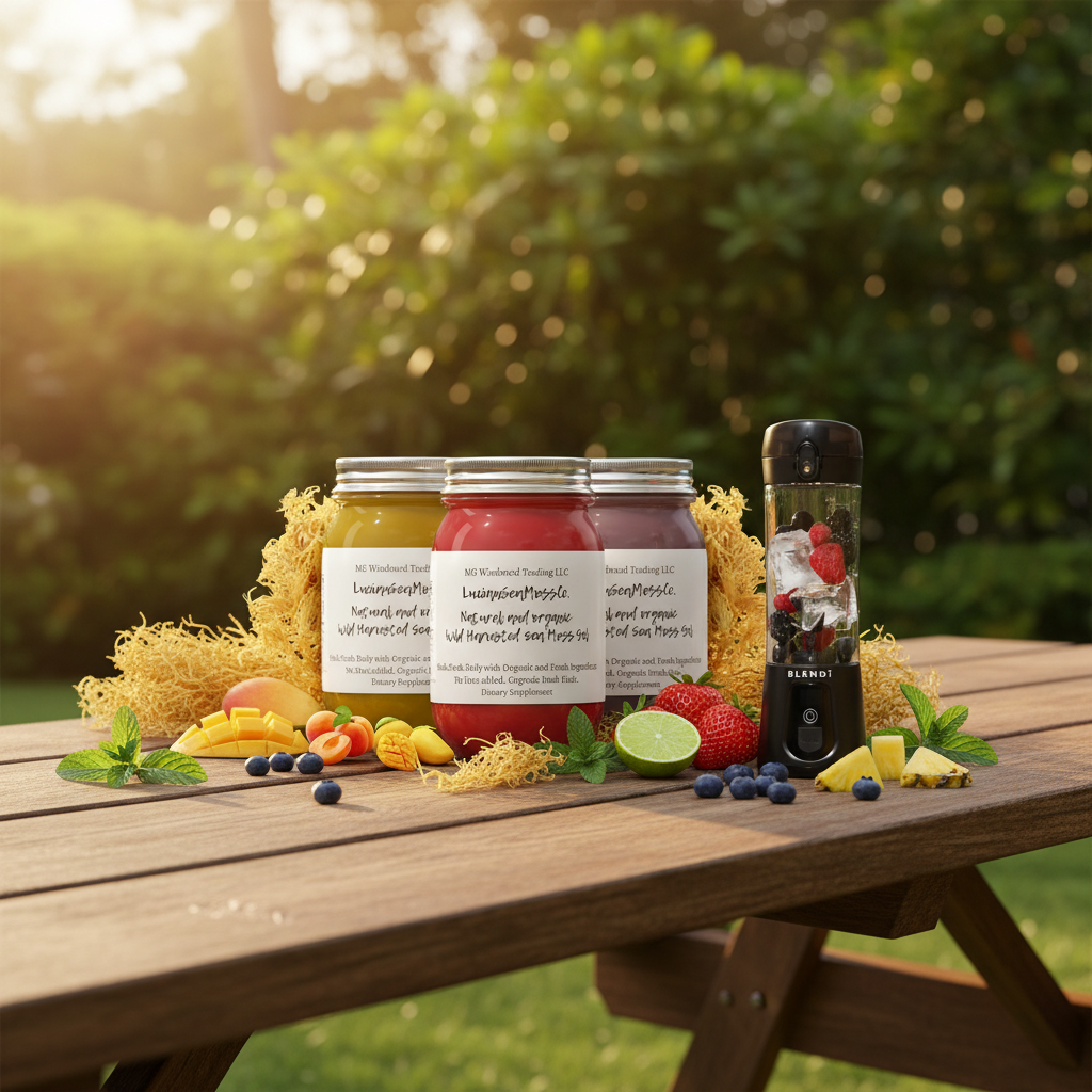 Organic Fruit Infused Mojito Blast Sea Moss Gel Bundle with BLENDi Pro+ Ice Crushing Portable Blender on a picnic table outdoors — Daily Health & Beauty