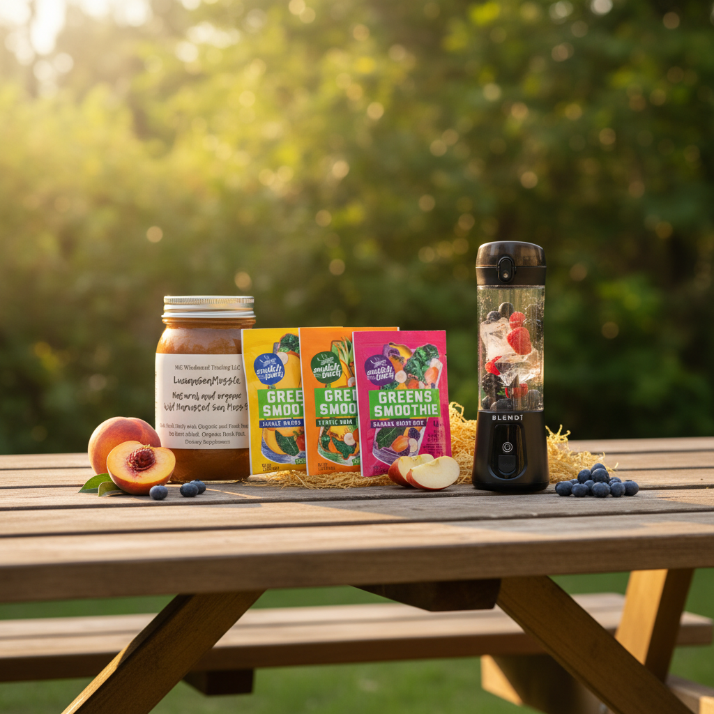 Organic Fruit Infused Country Fields Sea Moss Gel Bundle Apple Cinnamon Peach Blueberry with Switchback Greens Smoothie Variety Pack and BLENDi Pro+ Portable Blender on a picnic table outdoors — Daily Health & Beauty